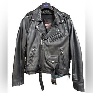 First MFG Co Heavy Black 100% Leather Motorcycle Tie Side Women Jacket Sz M